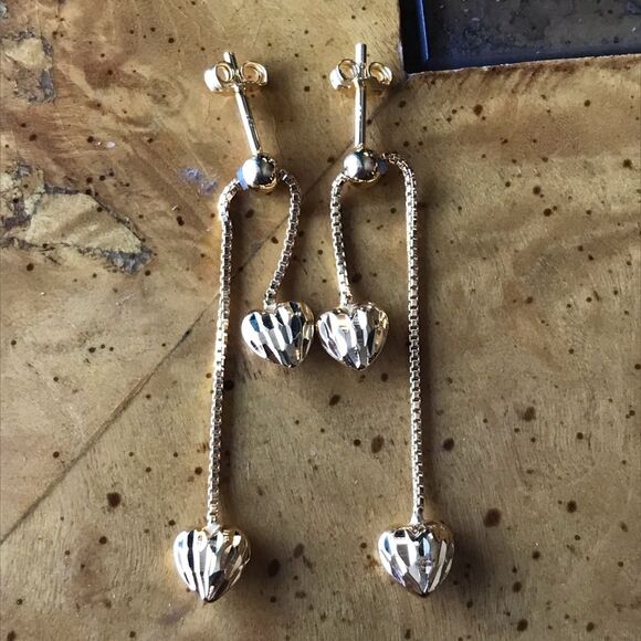 Sterling Silver 14k Yellow Gold Vermeil Heart Drop Earrings - Picture 1 of 6